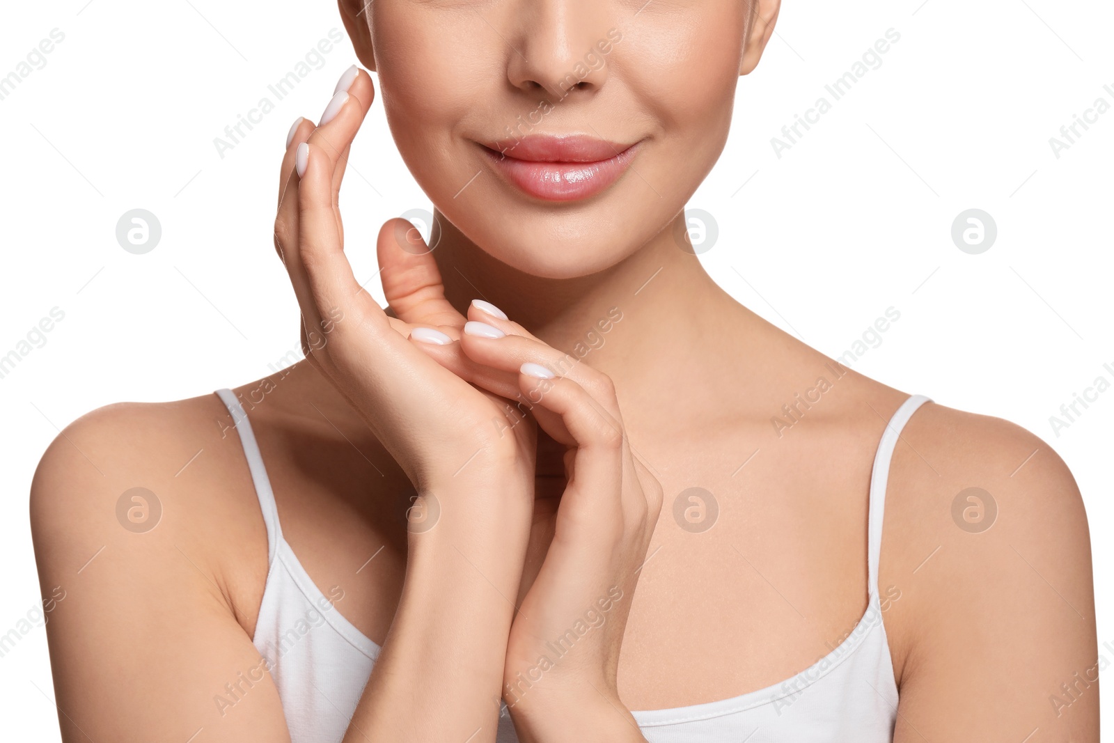 Photo of Woman with healthy skin on white background, closeup