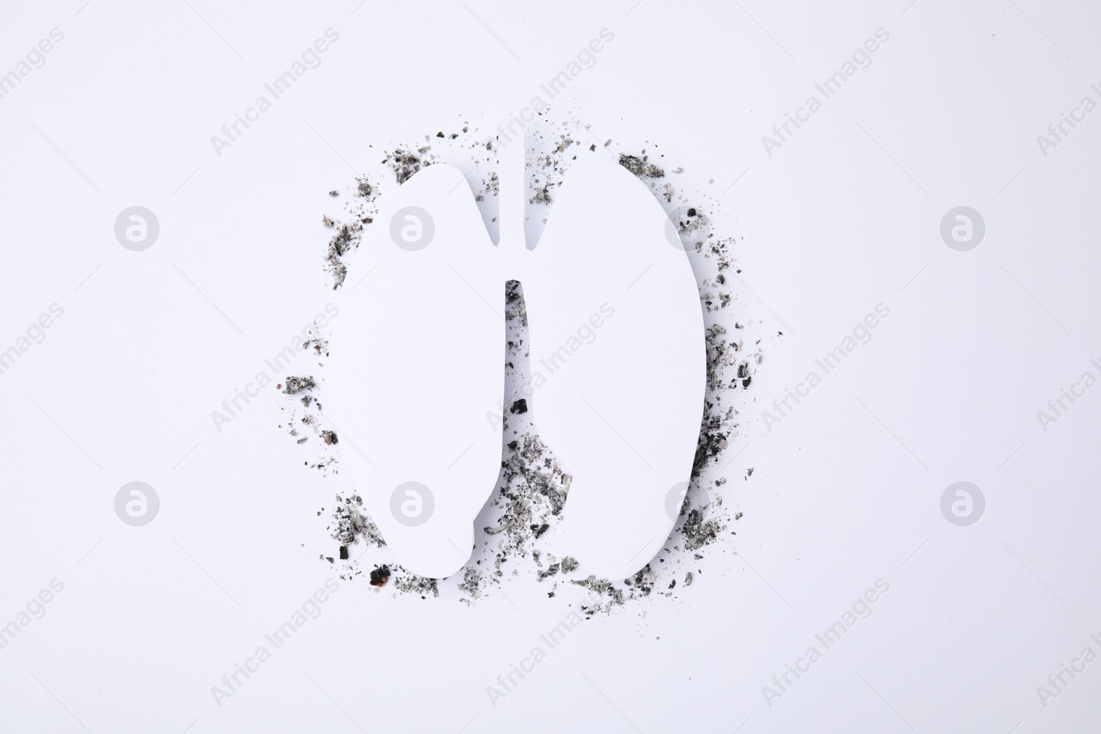 Photo of No smoking concept. Paper lungs and cigarette ash on white background, flat lay