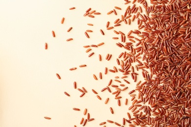 Brown rice on color background, top view with space for text