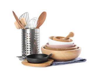 Photo of Set of different cooking utensils and dishes on white background