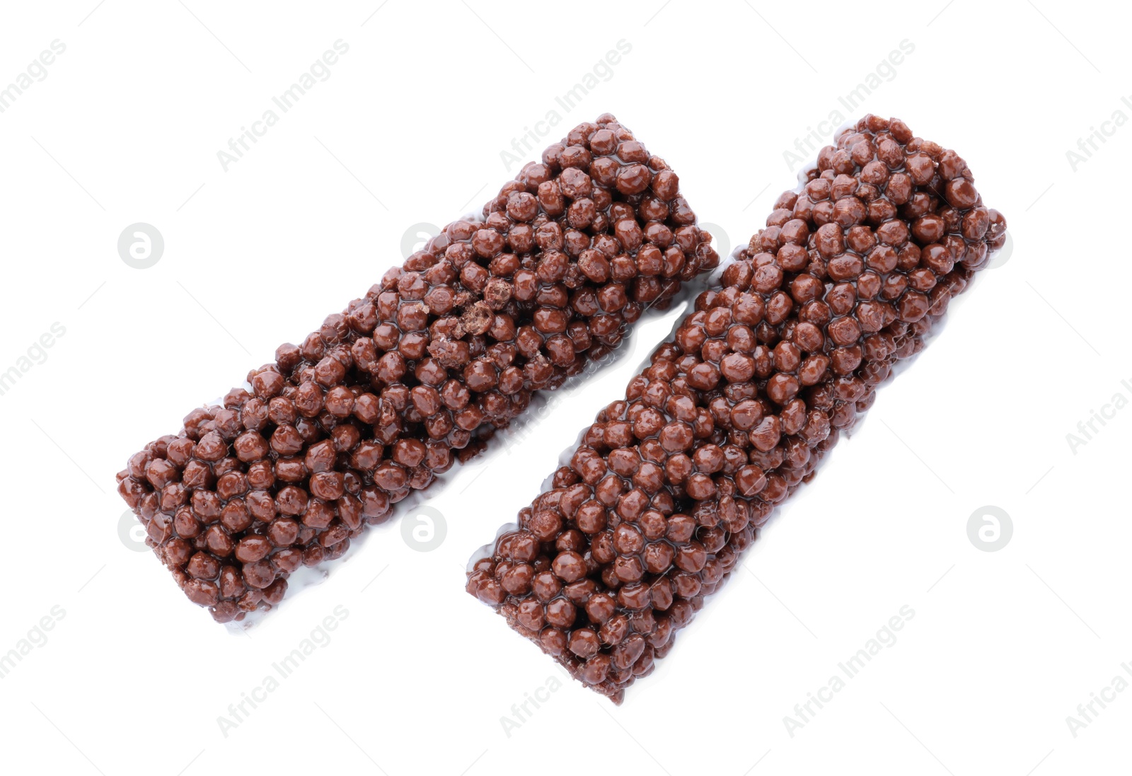 Photo of Delicious rice crispy treats isolated on white, top view