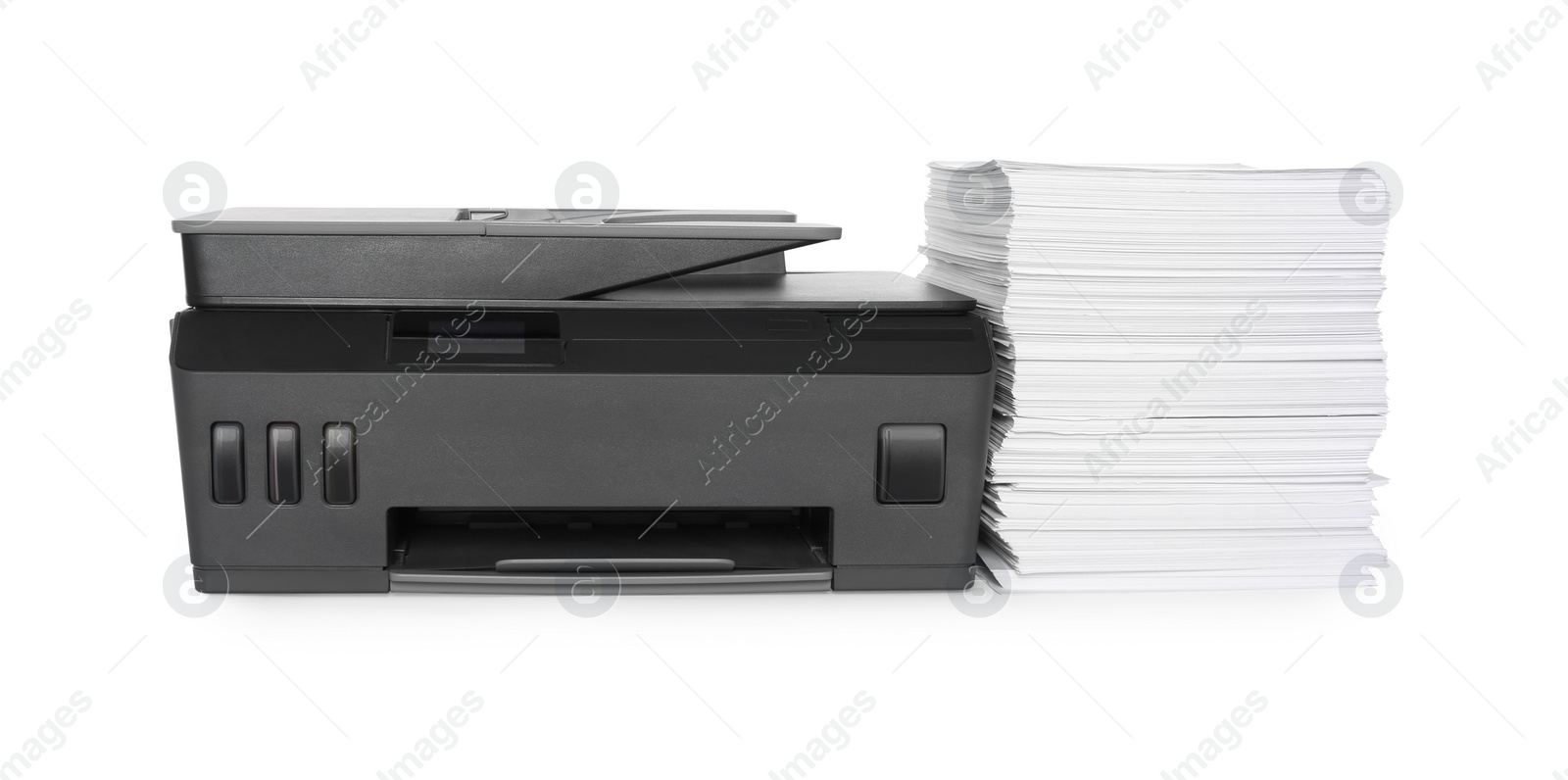 Photo of Modern printer and stack of paper on white background