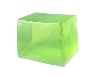 Delicious green jelly cube on white background