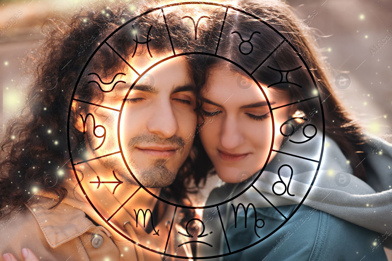 Image of Horoscope compatibility. Loving couple outdoors and zodiac wheel