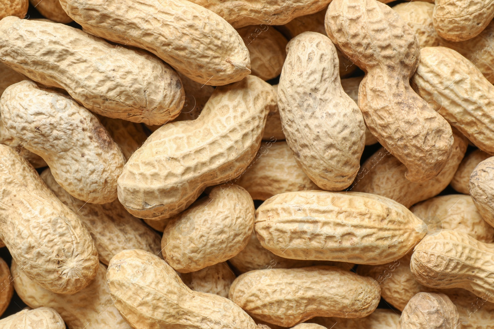 Photo of Many fresh unpeeled peanuts as background, top view