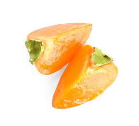 Photo of Slices of delicious persimmon isolated on white, top view