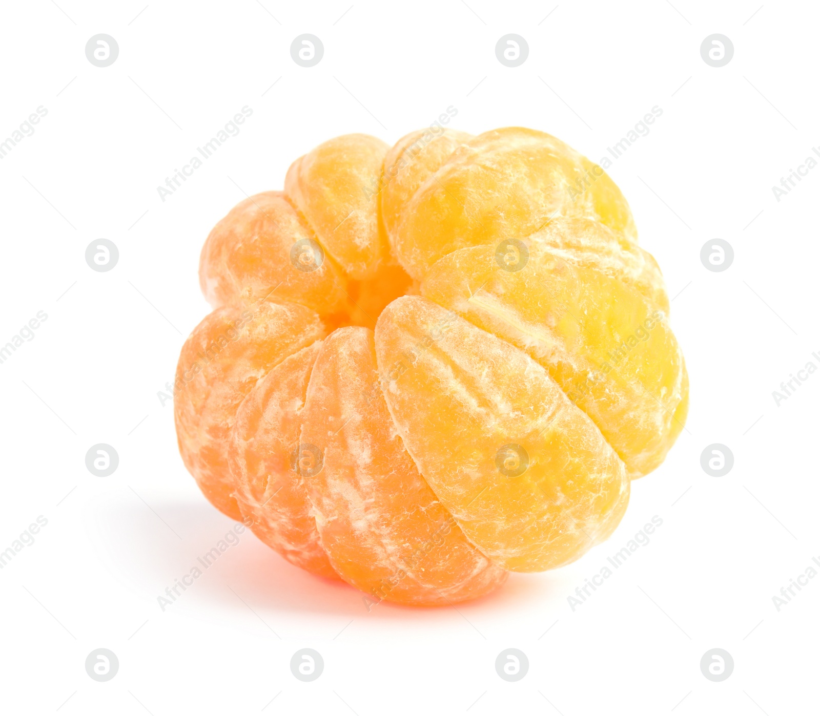 Photo of Peeled ripe tangerine on white background. Citrus fruit