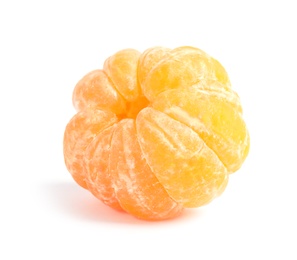 Photo of Peeled ripe tangerine on white background. Citrus fruit