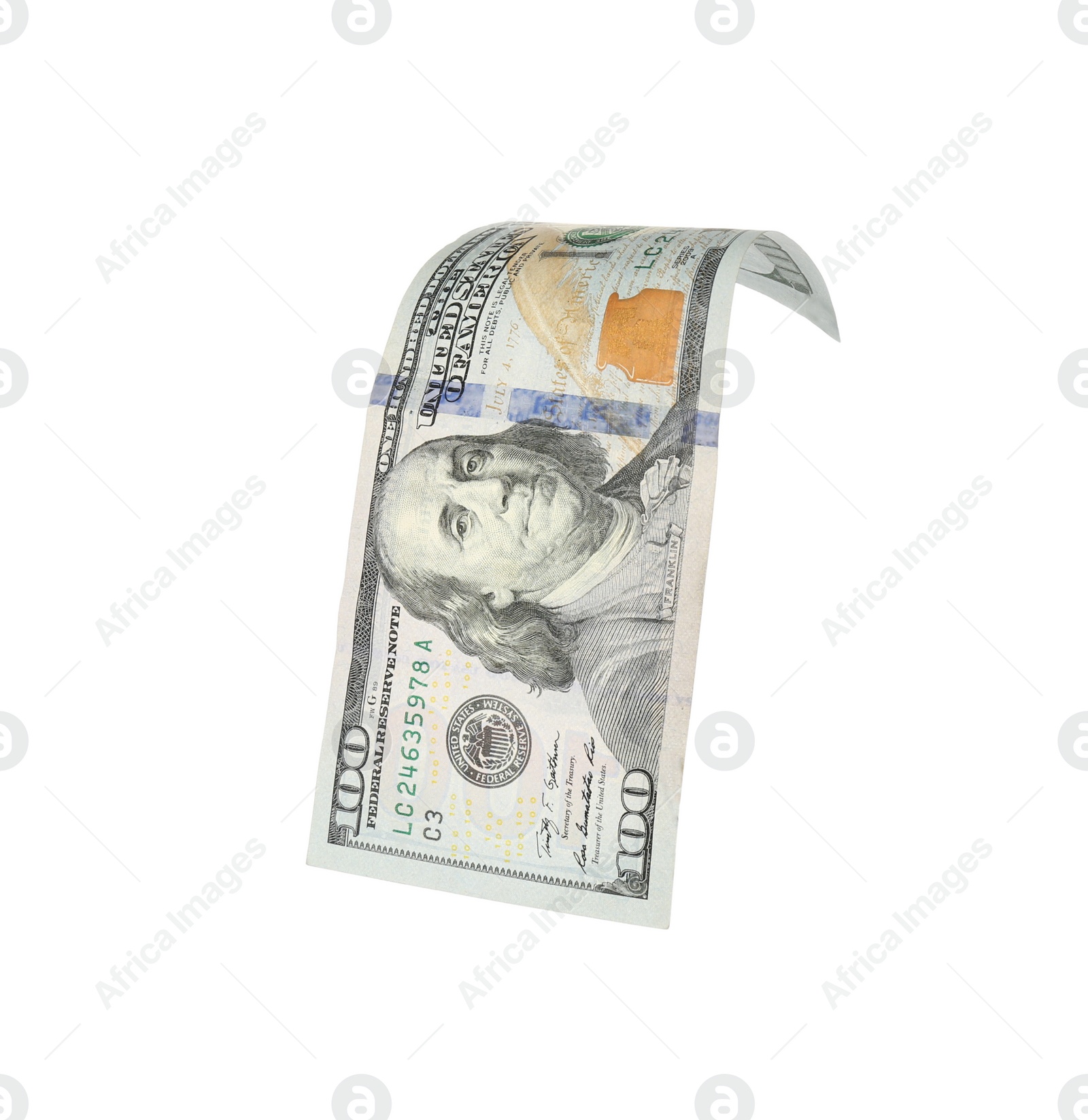 Photo of Dollar banknote isolated on white. Flying money