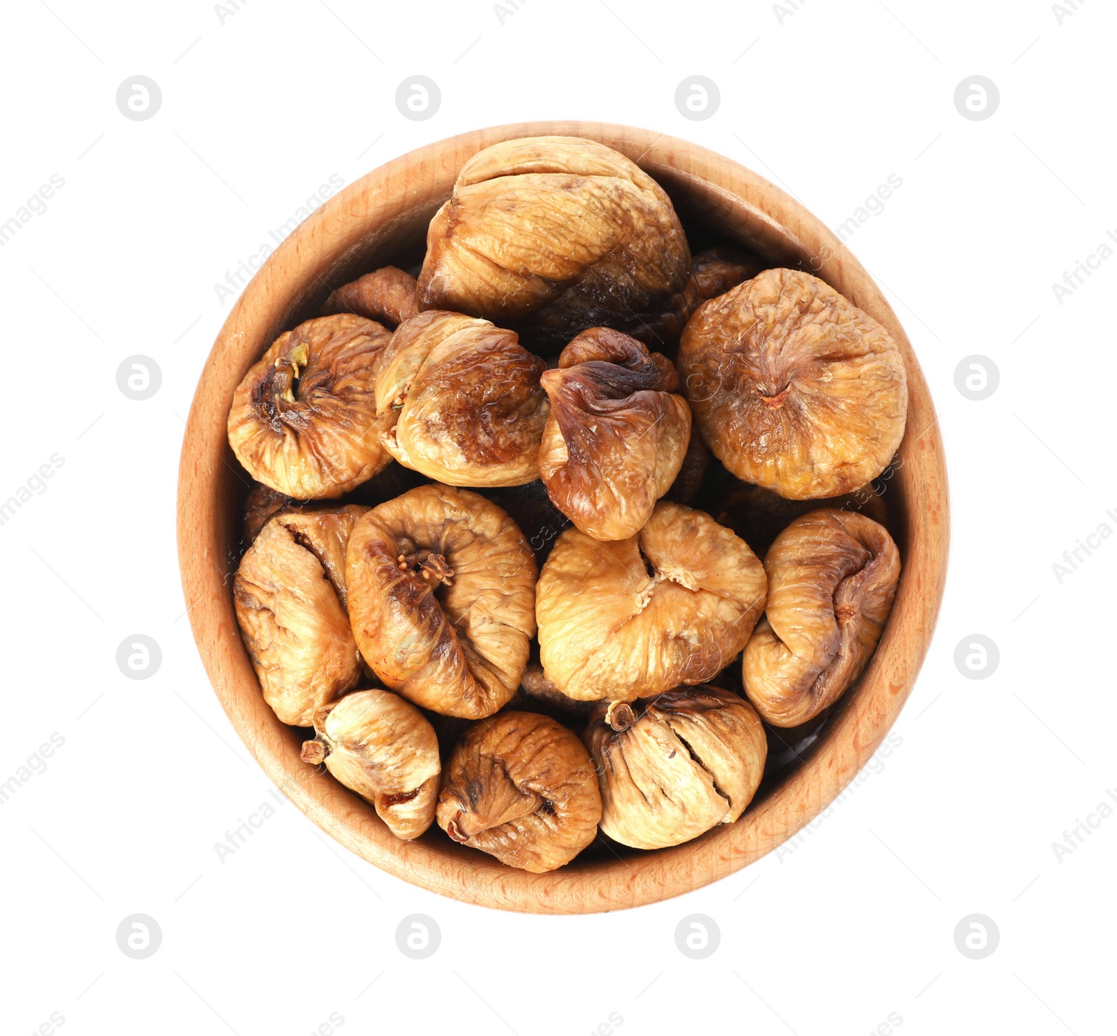 Photo of Bowl with dried figs on white background, top view. Organic snack