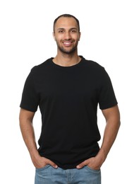 Man wearing black t-shirt on white background