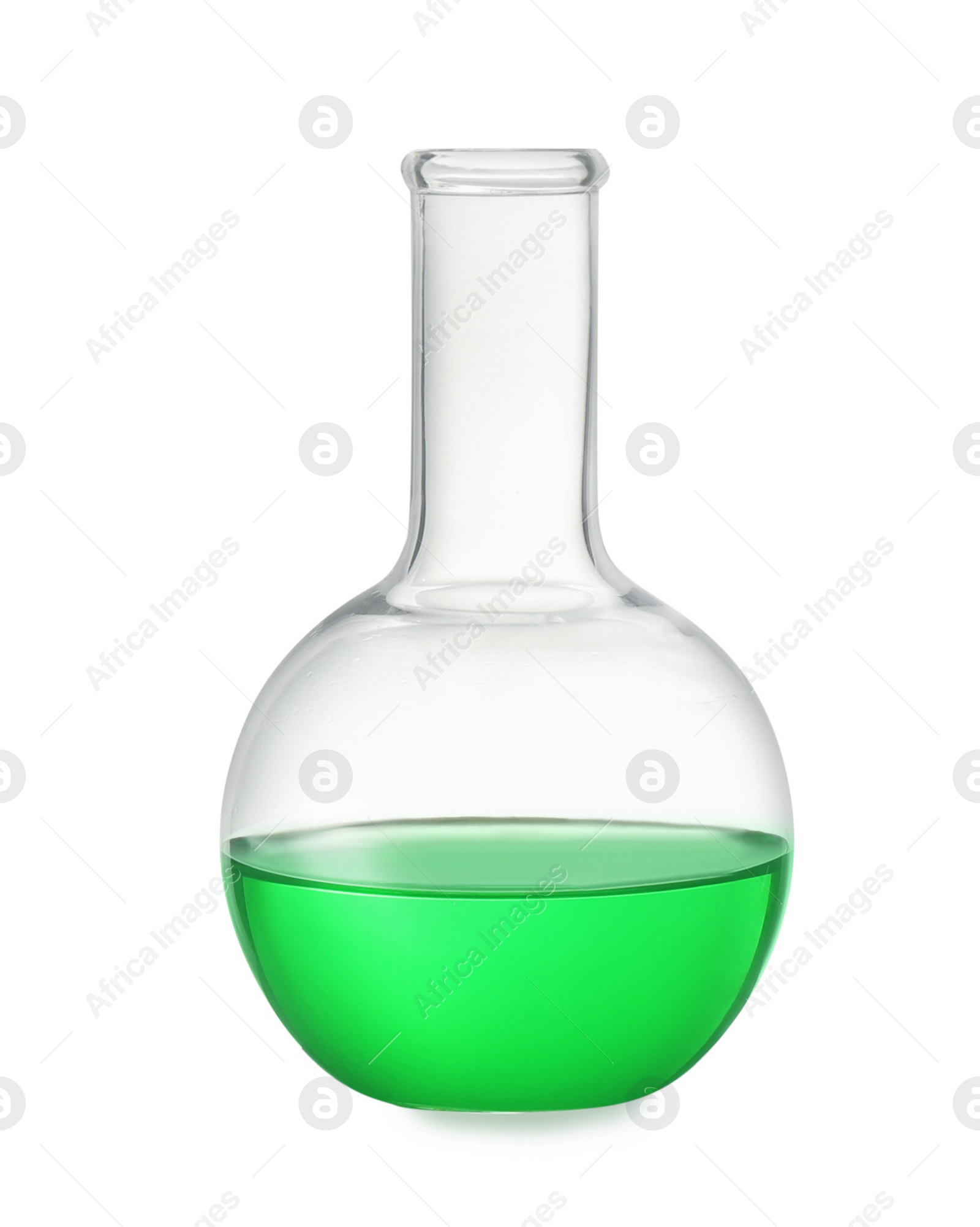 Photo of Florence flask with light green liquid isolated on white