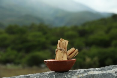 Many palo santo sticks on stone surface in high mountains