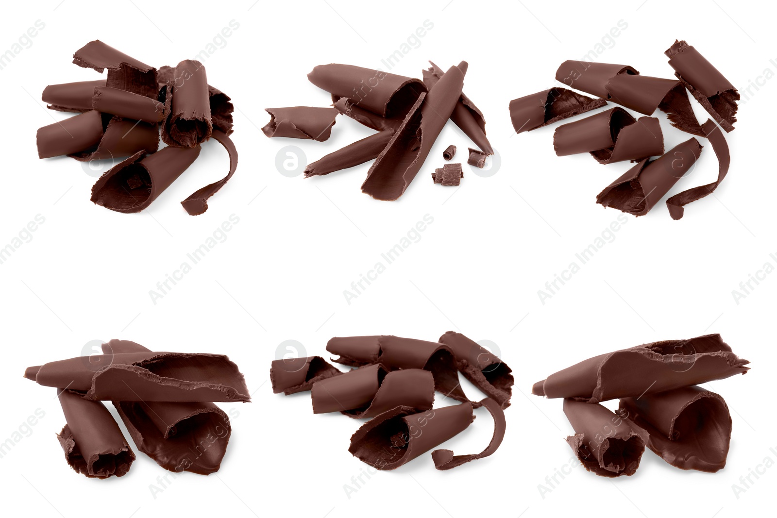 Image of Many chocolate curls isolated on white, collection