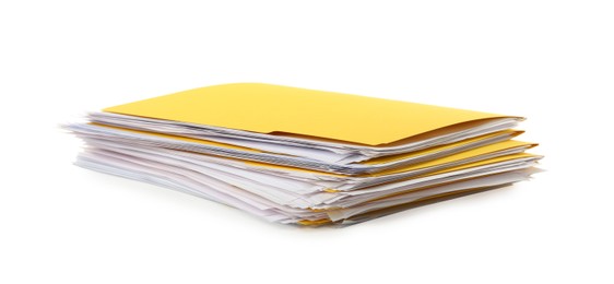 Photo of Stack of yellow files with documents on white background