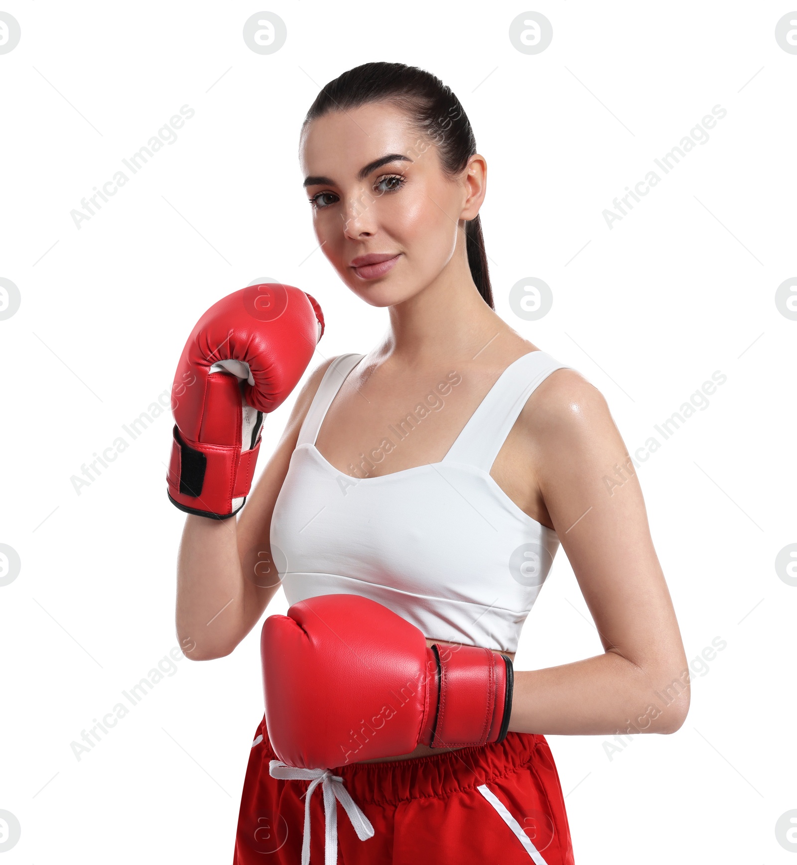 Photo of Beautiful woman in boxing gloves on white background