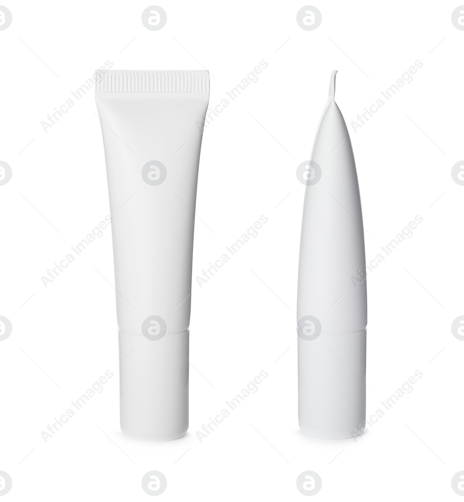 Image of Blank tubes of cosmetic products on white background, collage. Mockup for design