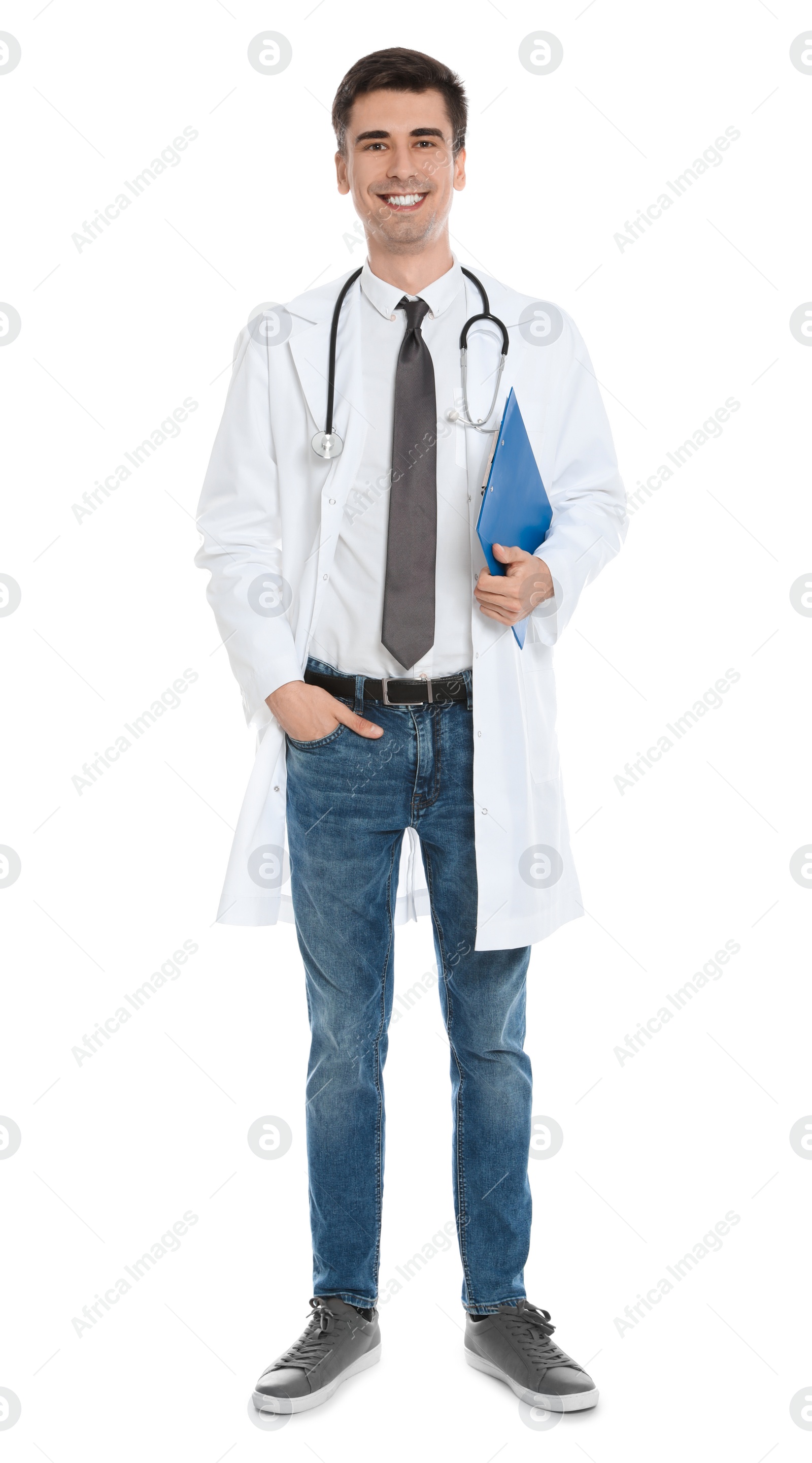 Photo of Full length portrait of medical doctor with clipboard and stethoscope isolated on white