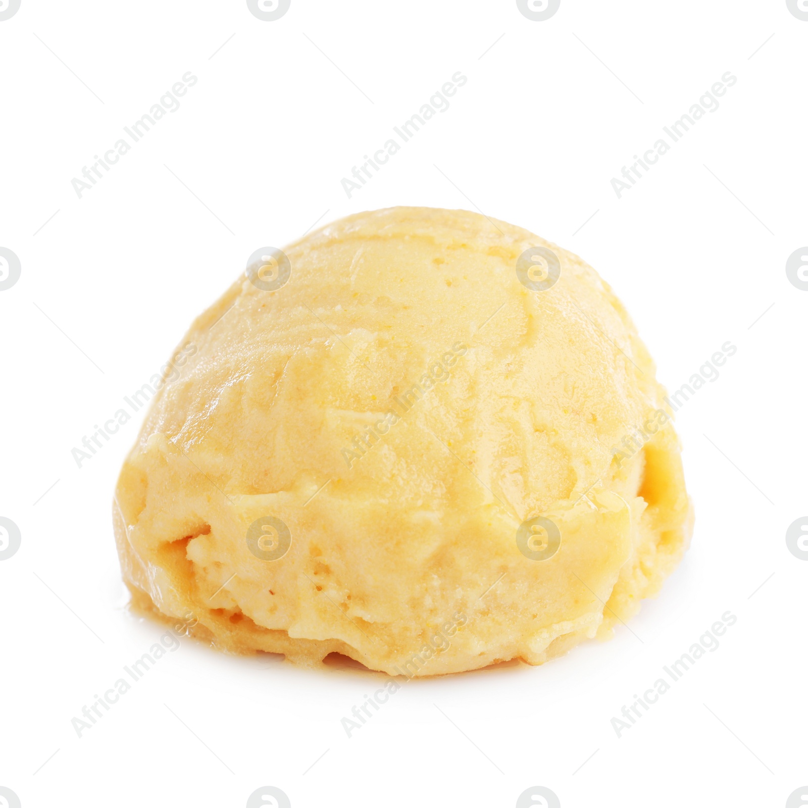 Photo of Scoop of delicious yellow ice cream isolated on white