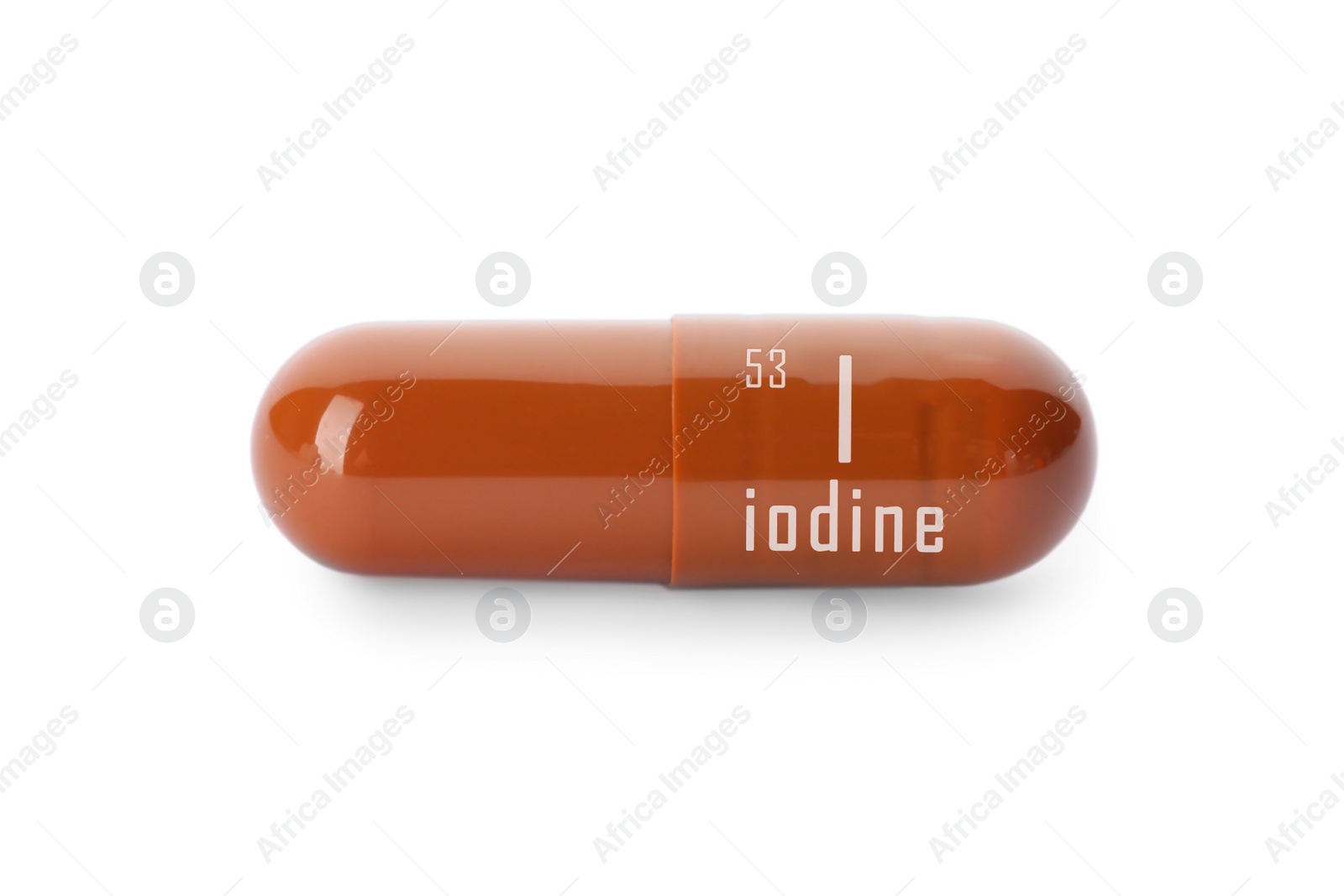 Image of Iodine capsule on white background. Mineral element
