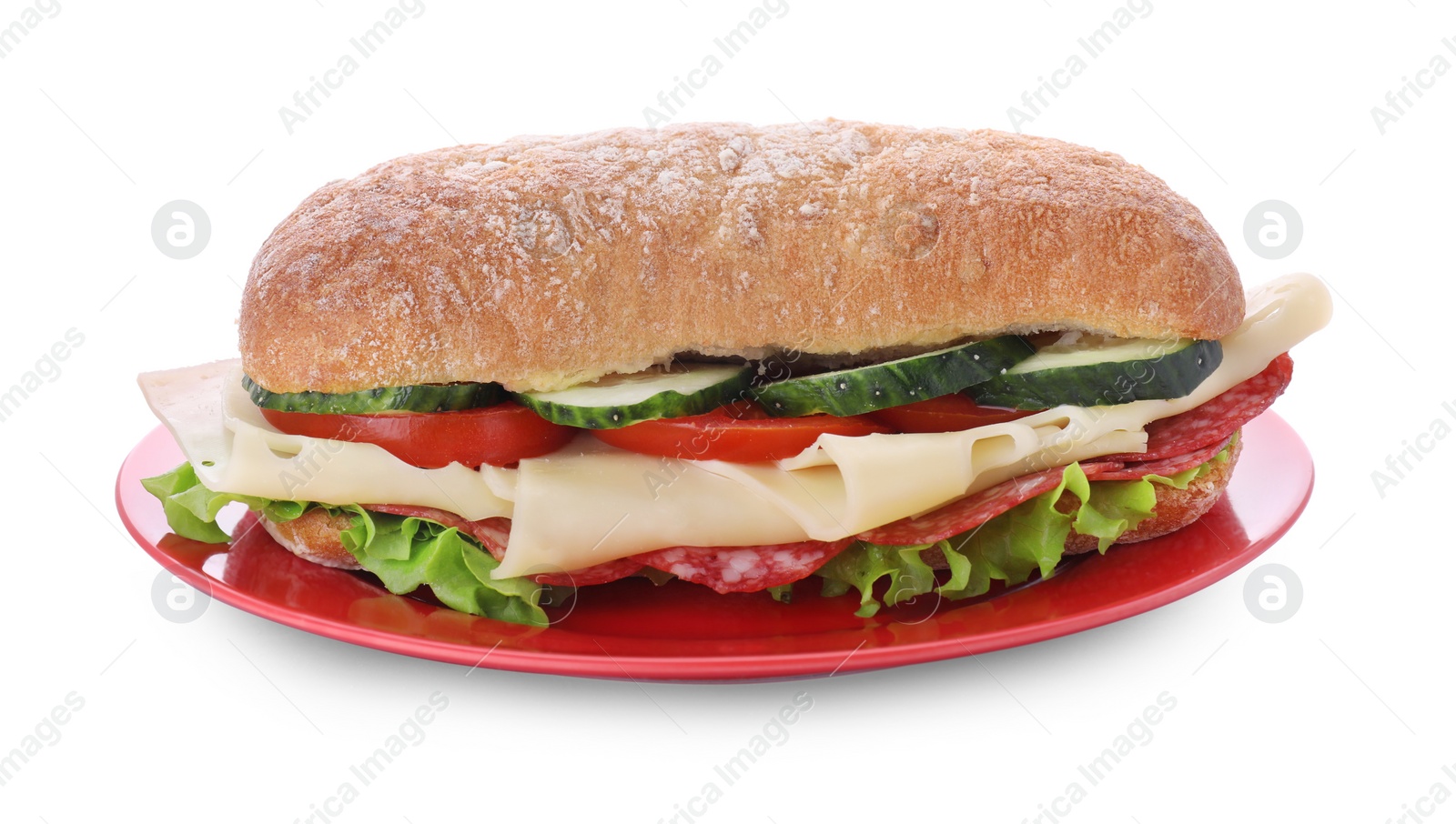 Photo of Delicious sandwich with fresh vegetables, cheese and salami isolated on white