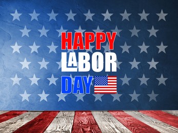Image of Happy Labor Day. Red and white striped wooden surface on blue background with stars