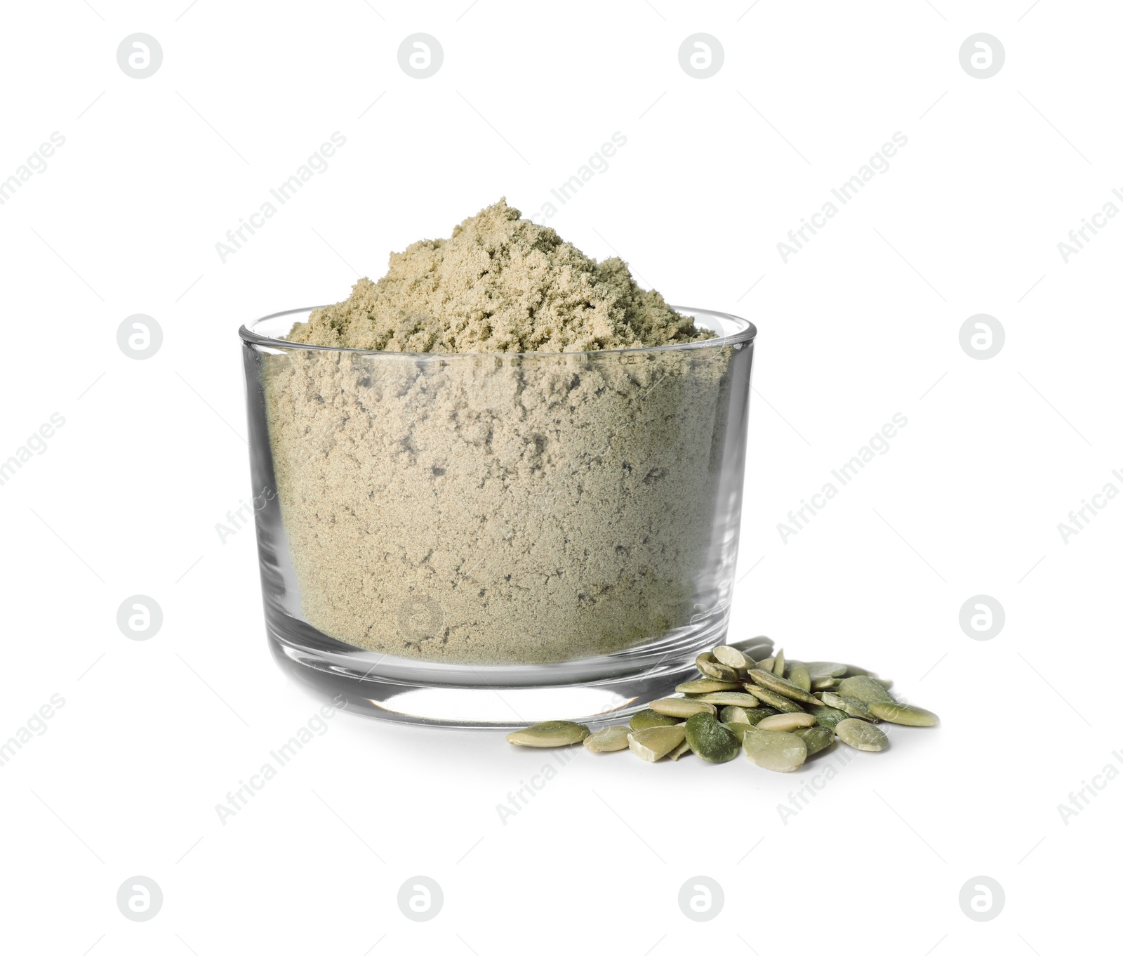 Photo of Bowl of fresh pumpkin seed flour and kernels isolated on white