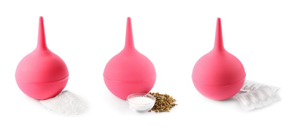 Image of Set with pink enemas on white background, banner design