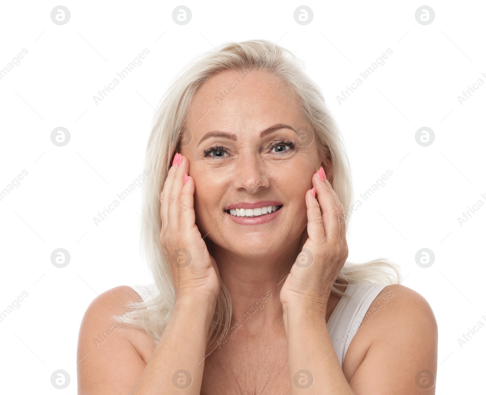 Photo of Portrait of beautiful mature woman with perfect skin on white background