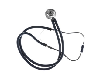 Photo of Stethoscope on white background, top view. Medical device