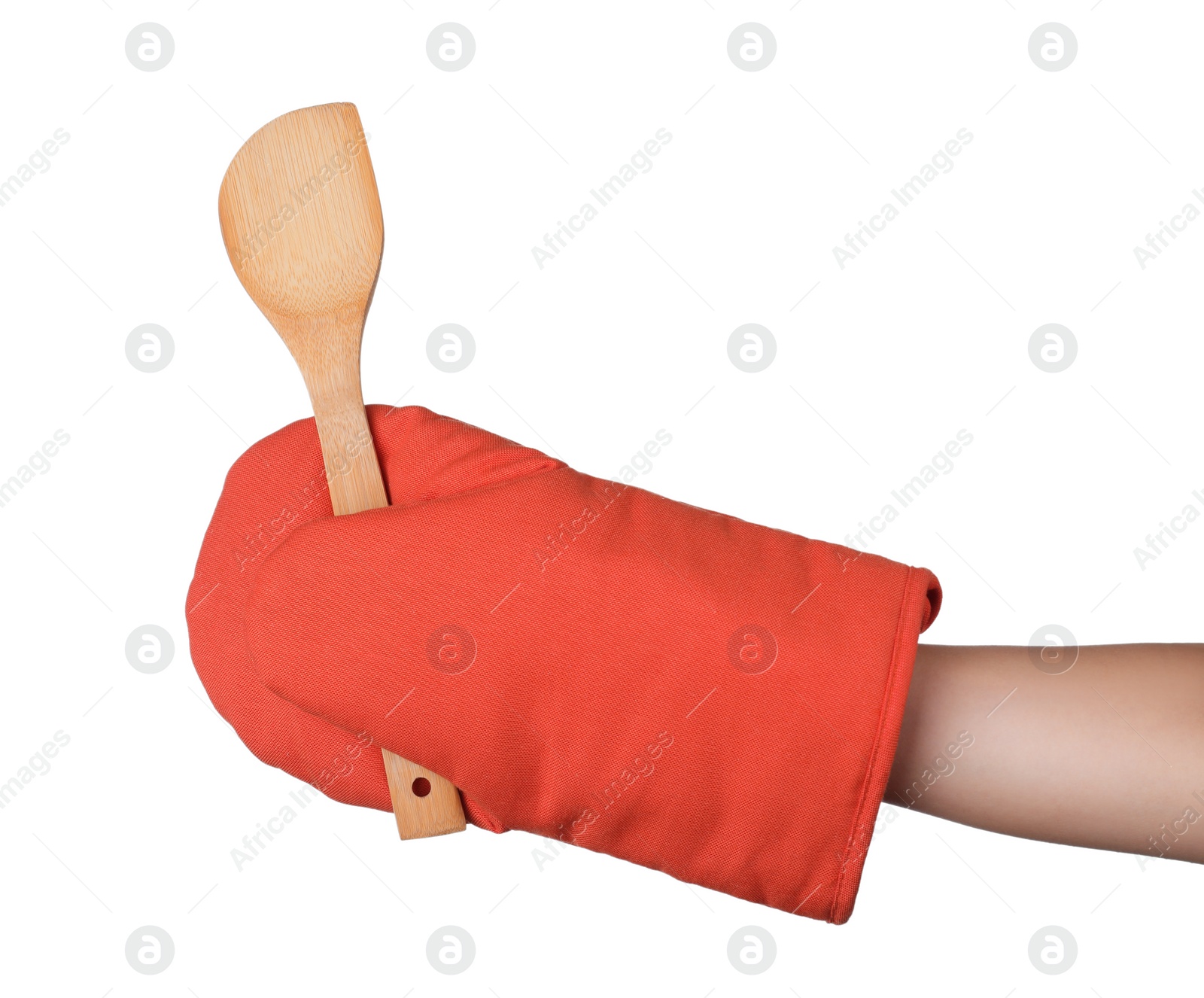 Photo of Chef in oven glove holding spatula on white background, closeup