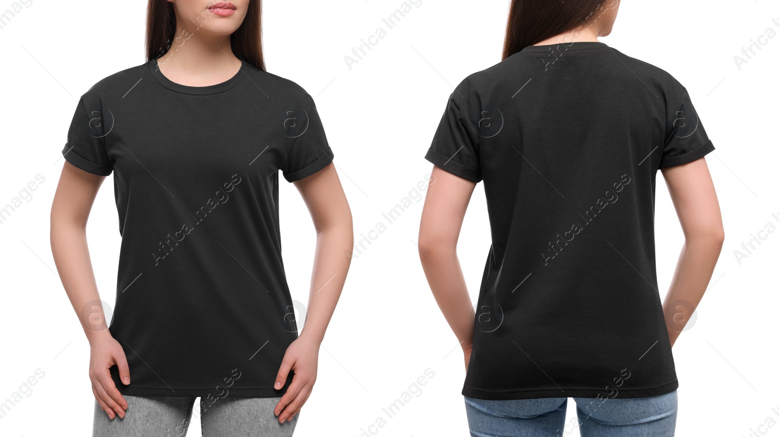 Image of Woman wearing casual black t-shirt on white background, closeup. Collage with back and front view photos. Mockup for design