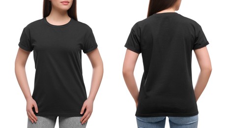 Image of Woman wearing casual black t-shirt on white background, closeup. Collage with back and front view photos. Mockup for design