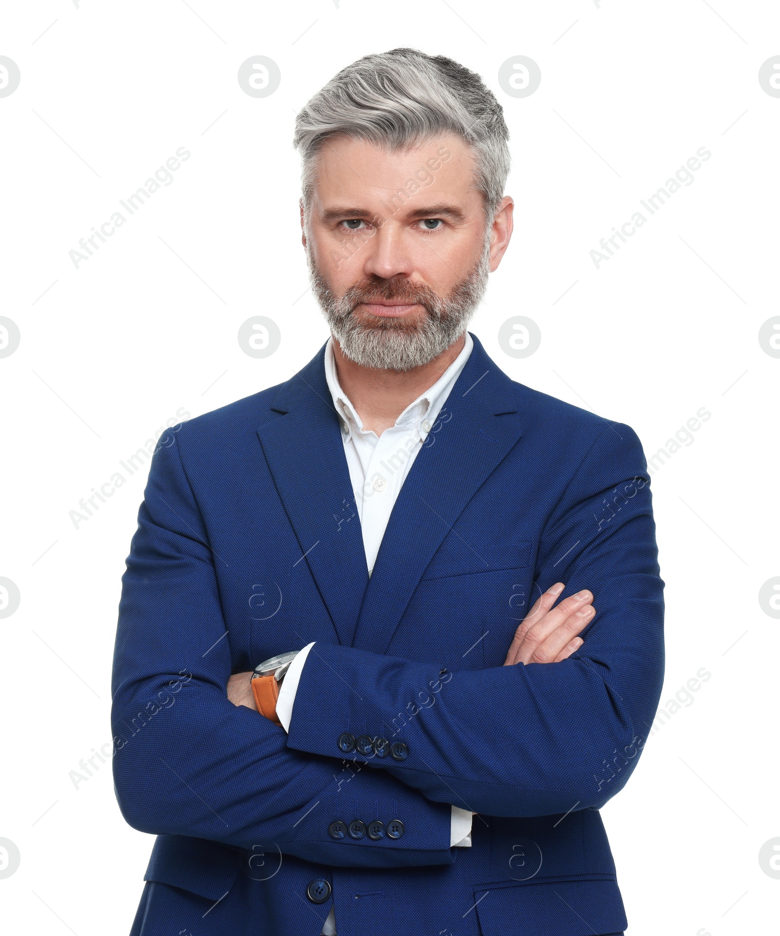 Photo of Mature businessman in stylish clothes posing on white background