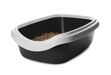 Photo of Black cat litter tray with filler isolated on white