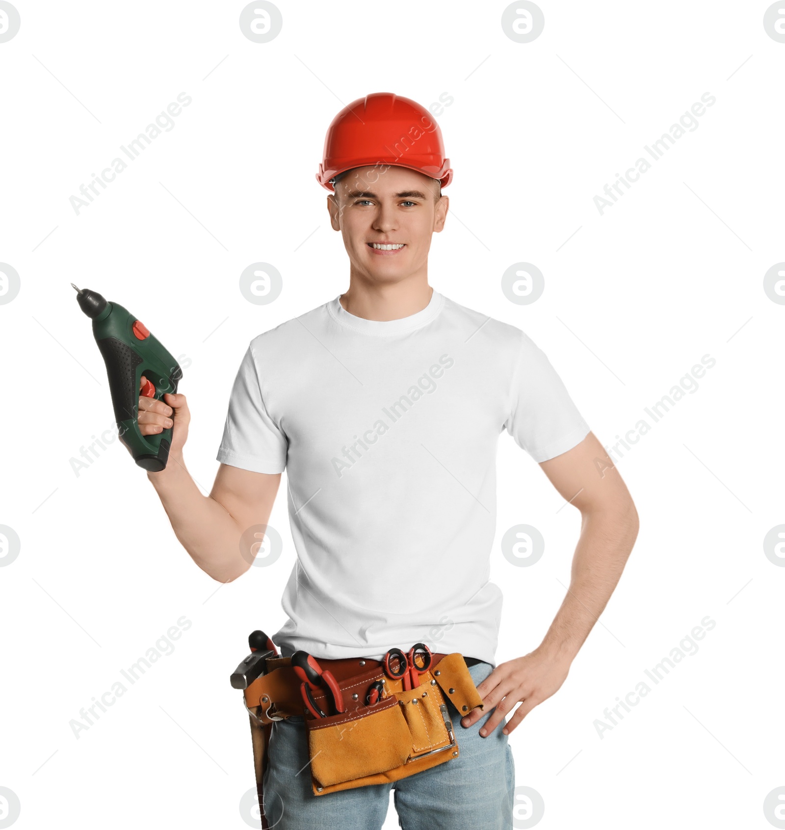 Photo of Handyman with tool belt and electric screwdriver isolated on white