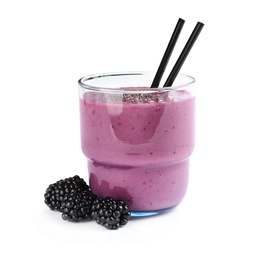 Photo of Delicious blackberry smoothie in glass with straws on white background