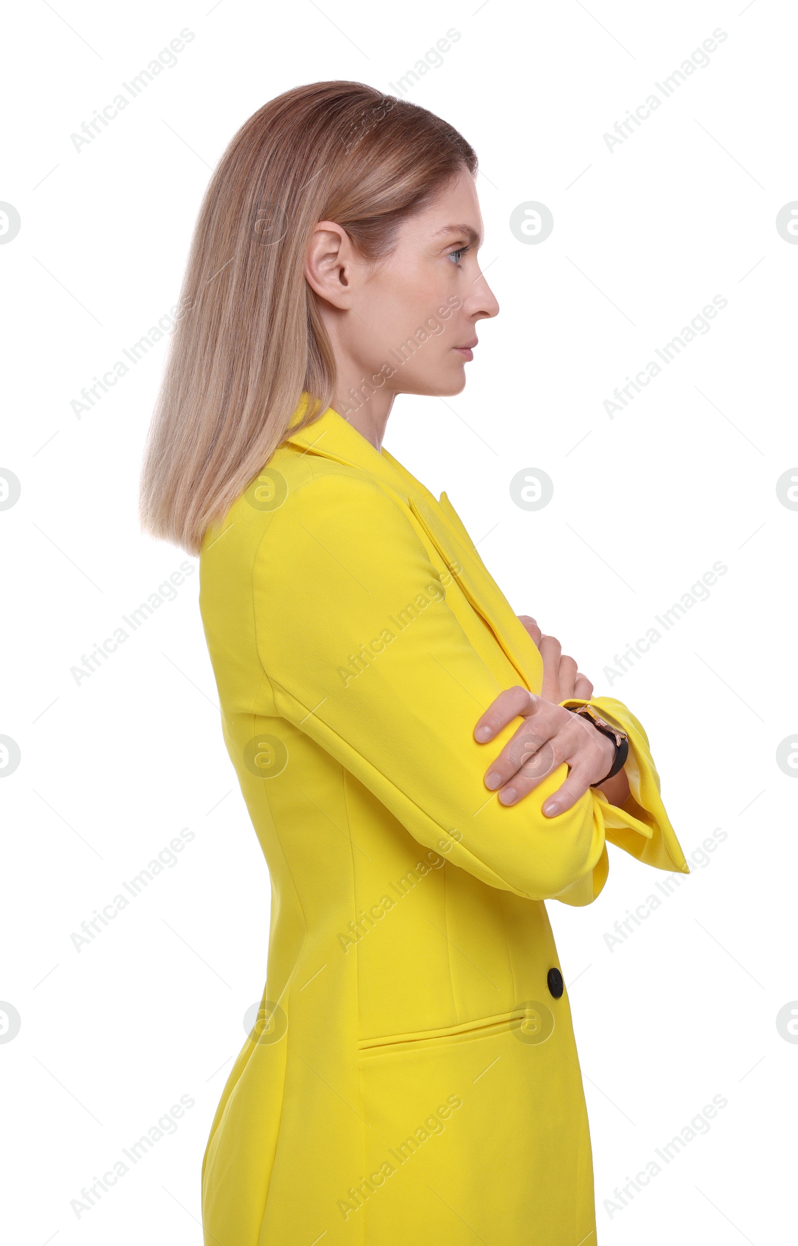 Photo of Beautiful businesswoman crossing arms on white background