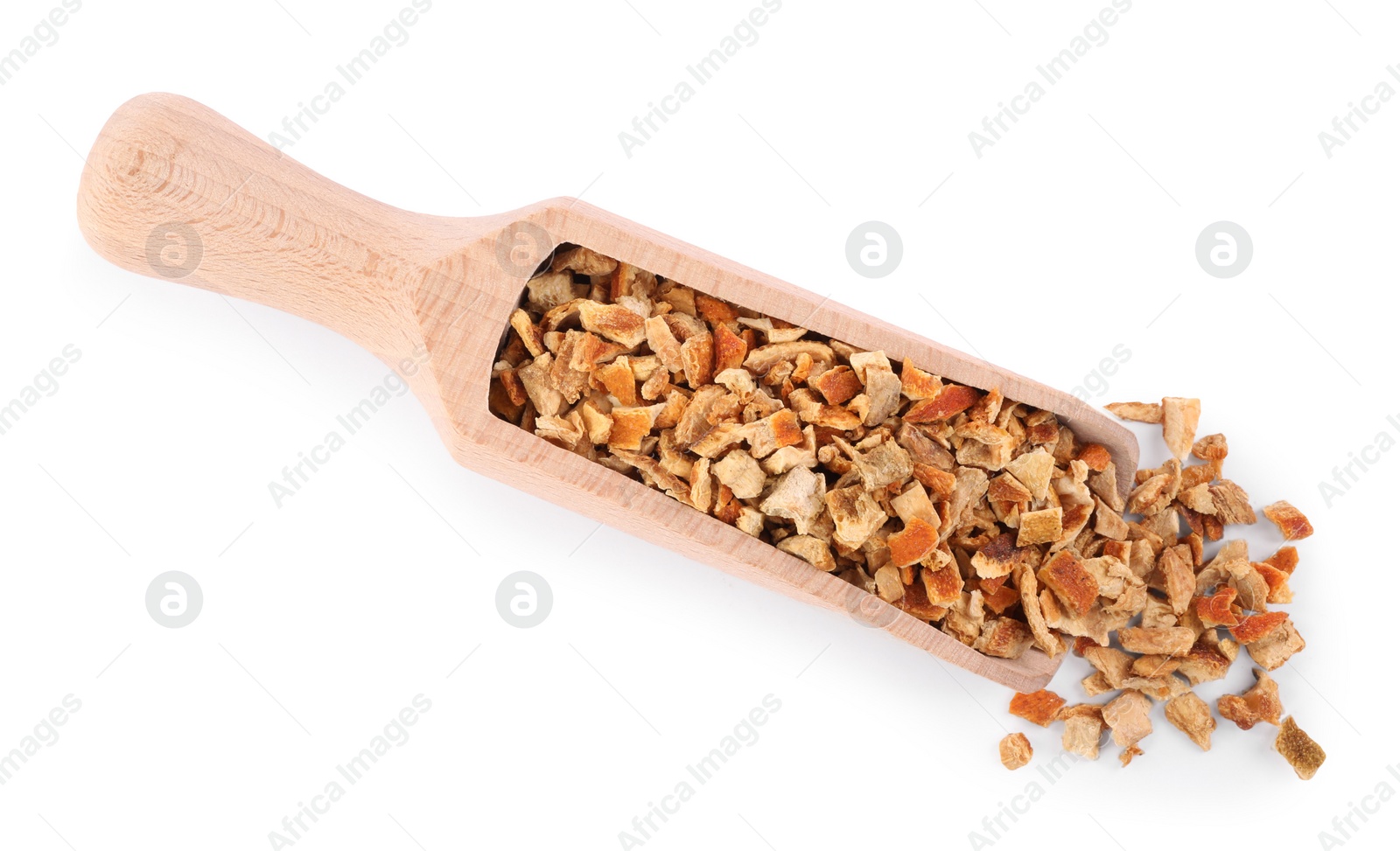 Photo of Scoop with dried orange zest seasoning isolated on white, top view