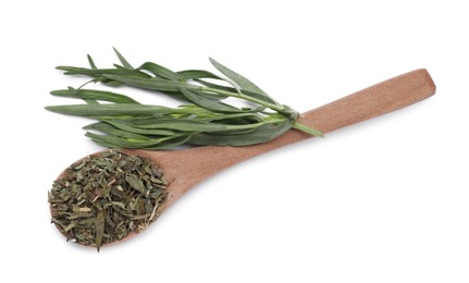 Photo of Spoon of dry tarragon and fresh leaves isolated on white, top view