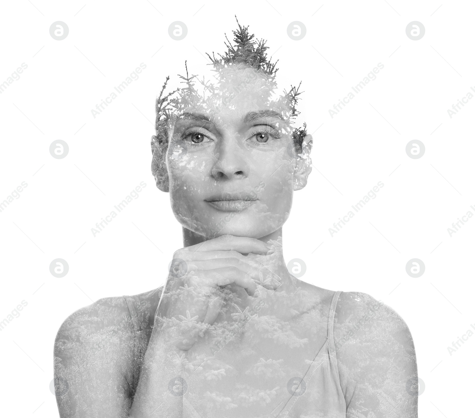 Image of Double exposure of woman and trees on white background, black and white effect