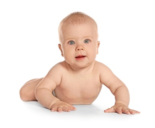 Cute little baby crawling on white background