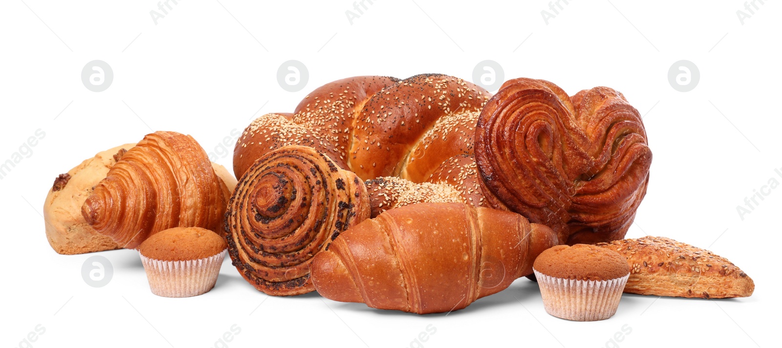 Photo of Many different tasty pastries isolated on white