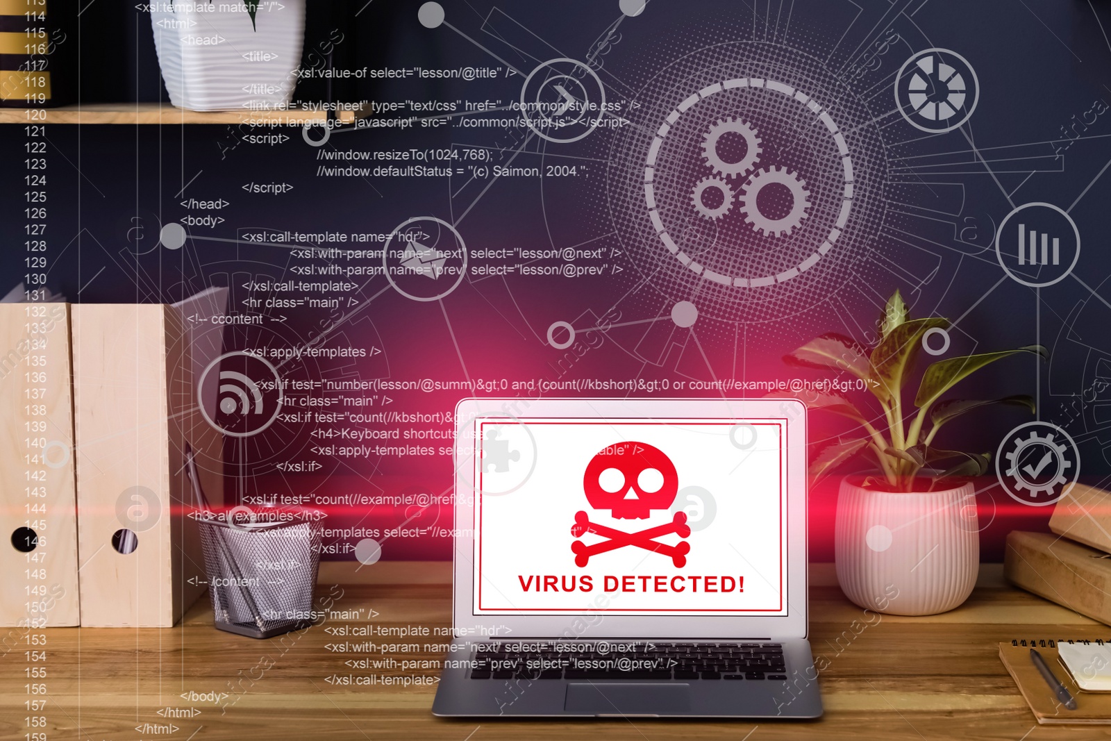 Image of Warning about virus attack on laptop screen. Workplace in office