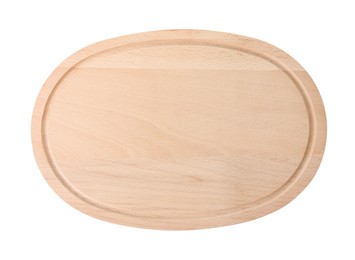 Photo of One wooden cutting board isolated on white, top view