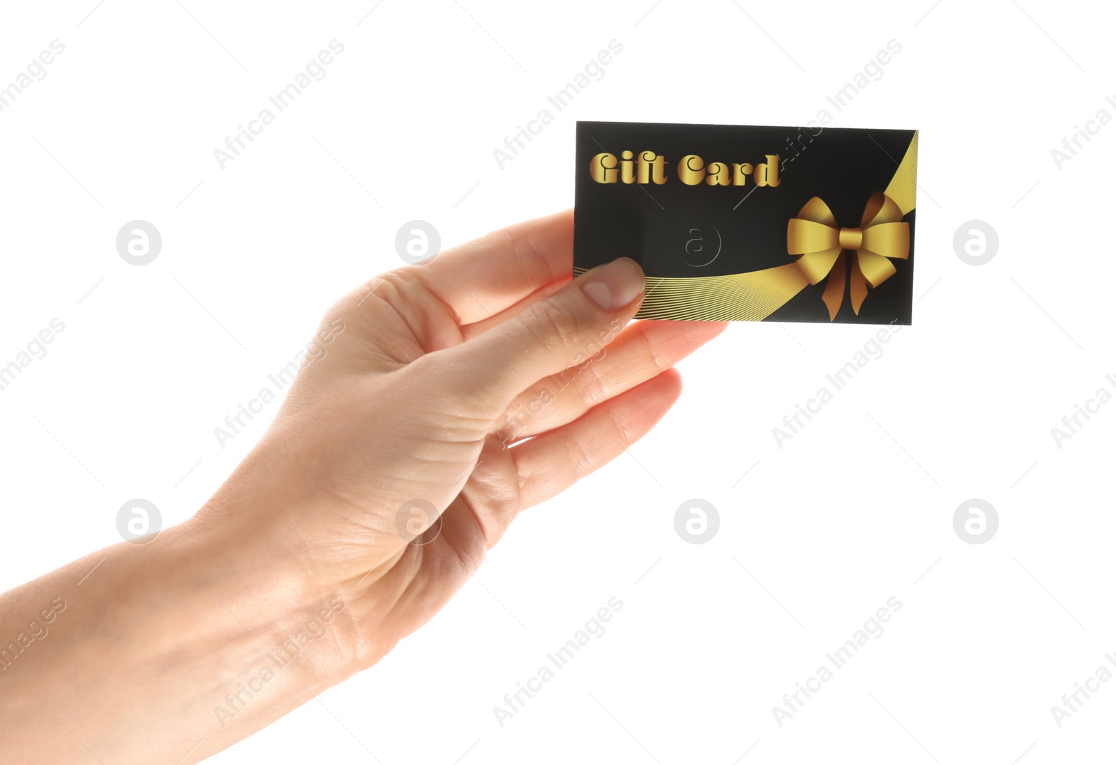 Photo of Woman holding gift card on white background, closeup