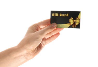 Photo of Woman holding gift card on white background, closeup