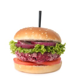 Photo of Tasty vegetarian burger with beet patty isolated on white