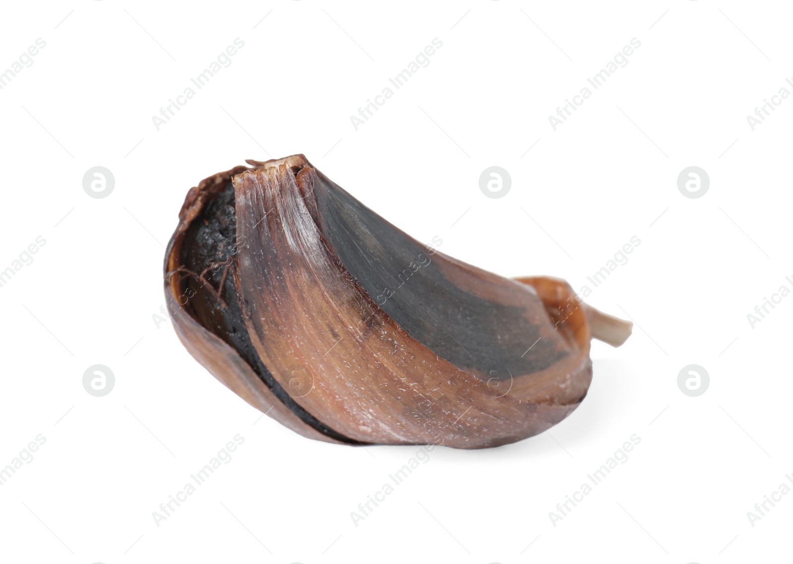 Photo of Unpeeled clove of aged black garlic on white background