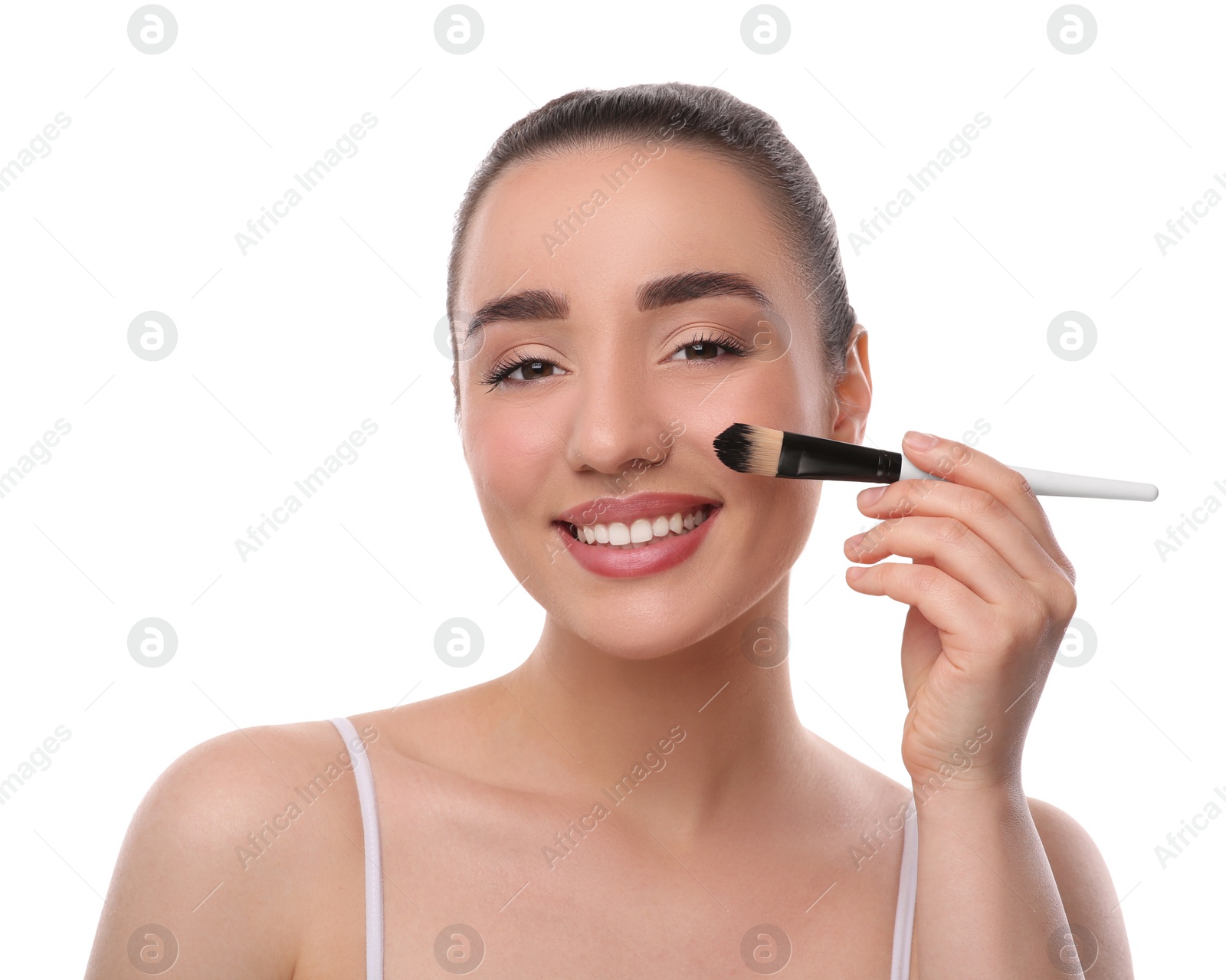 Photo of Woman with makeup brush on white background